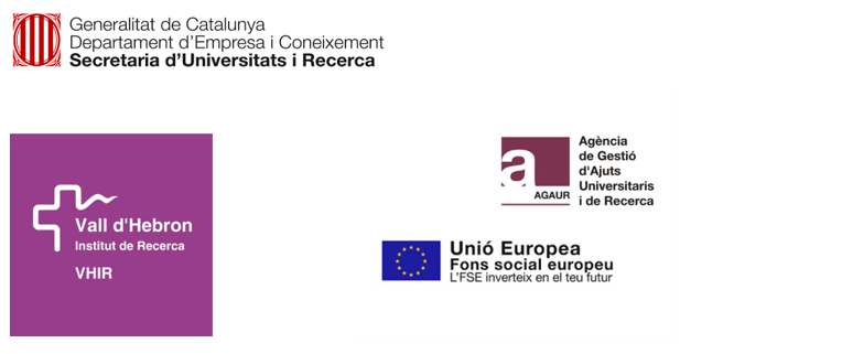 Logos entitats colaboradores : Vall d'Hebron, Fons Social Europeu, Agaur i Secretaria d'Universitats i Recerca